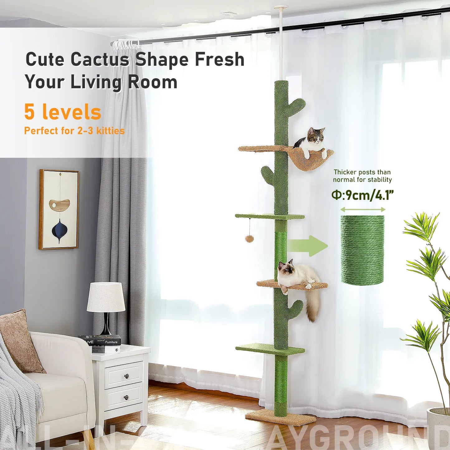 H228-274cm Domestic Delivery Pet Cat Tree Floor to Ceiling Indoor Natural Scratching Post Adjustable Climbing Tree Jumping Toy