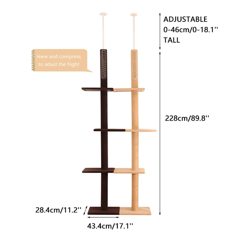 H228-274cm Domestic Delivery Pet Cat Tree Floor to Ceiling Indoor Natural Scratching Post Adjustable Climbing Tree Jumping Toy