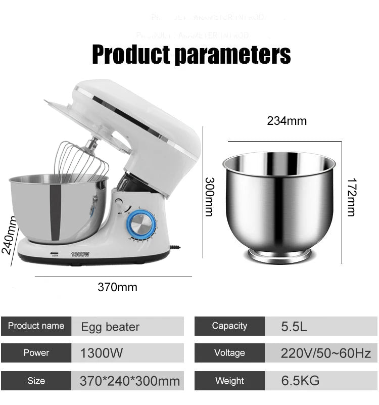 220V Electric Mixer Cream Egg Whisk Blender Cake Dough Bread Mixer Maker Machine Stainless Steel Bowl 1300W Kitchen Appliances