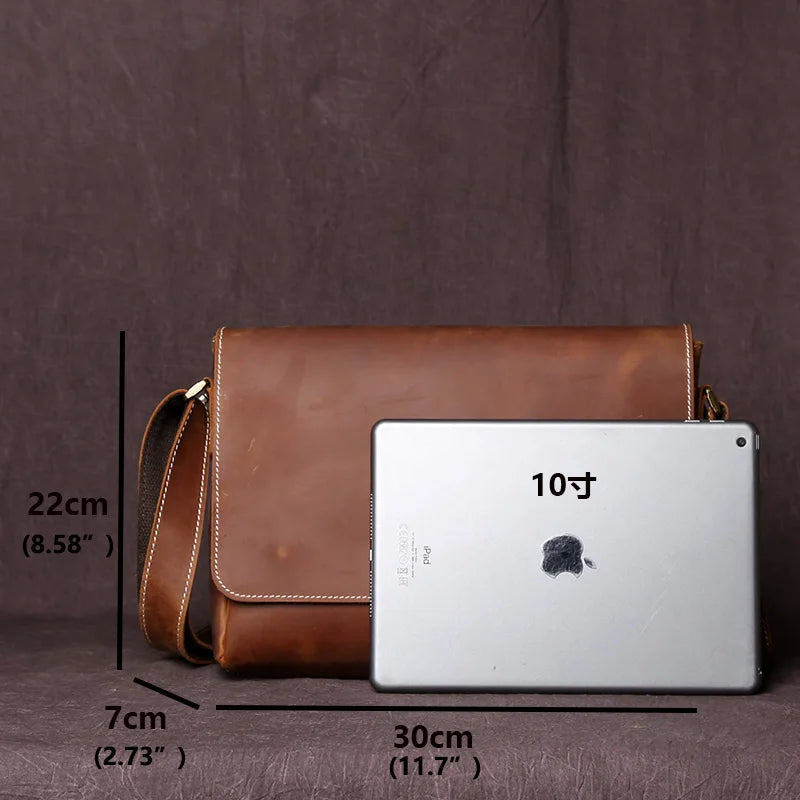 NZPJ Men's Retro Leather Shoulder Bag Crazy-Horse Leather  Horizontal Crossbody Bag Top Layer Leather Casual Ipad  Bad