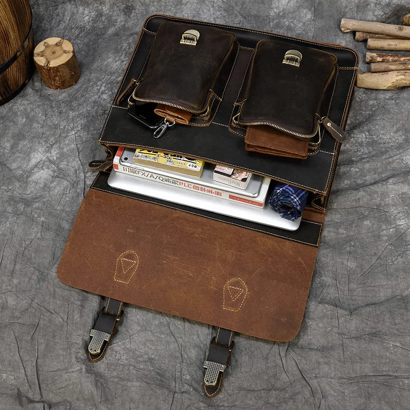 Vintage Men Briefcase Crazy Horse Genuine Leather Man Male Laptop Handbag Large Shoulder Messenger Portfolio Bag Business Case