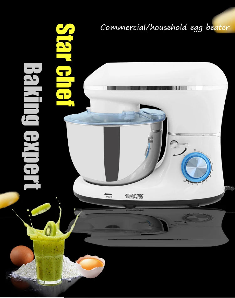 220V Electric Mixer Cream Egg Whisk Blender Cake Dough Bread Mixer Maker Machine Stainless Steel Bowl 1300W Kitchen Appliances