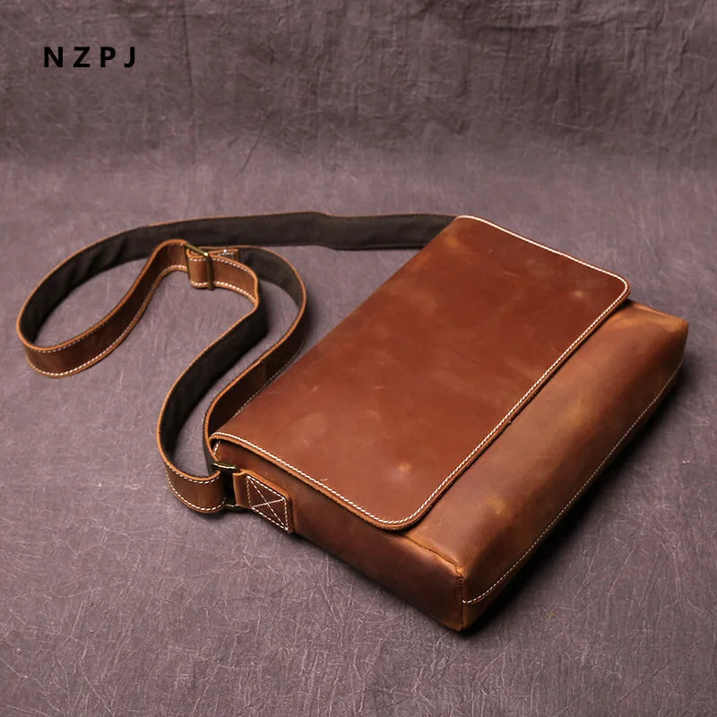 NZPJ Men's Retro Leather Shoulder Bag Crazy-Horse Leather  Horizontal Crossbody Bag Top Layer Leather Casual Ipad  Bad