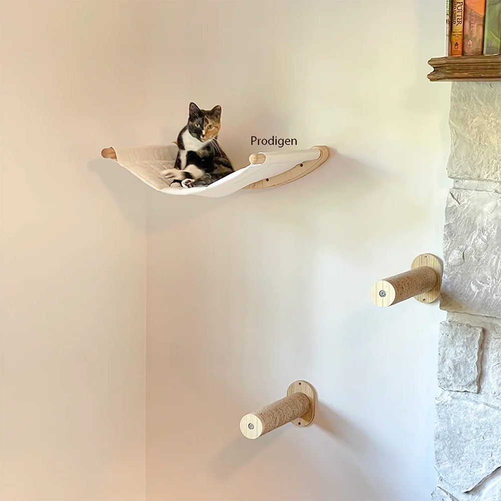 Cat Tree Wall Mounted Cat Climbing Shelves Frame Wooden Hammock with Jumping Platform and Scratching Post Pet Indoor Furniture