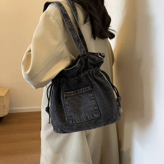 Denim Canvas Shoulder Bag Large Capacity Fashionable Drawstring Design Crossbody Tote Bag Student Textbook Shoulder Handbag