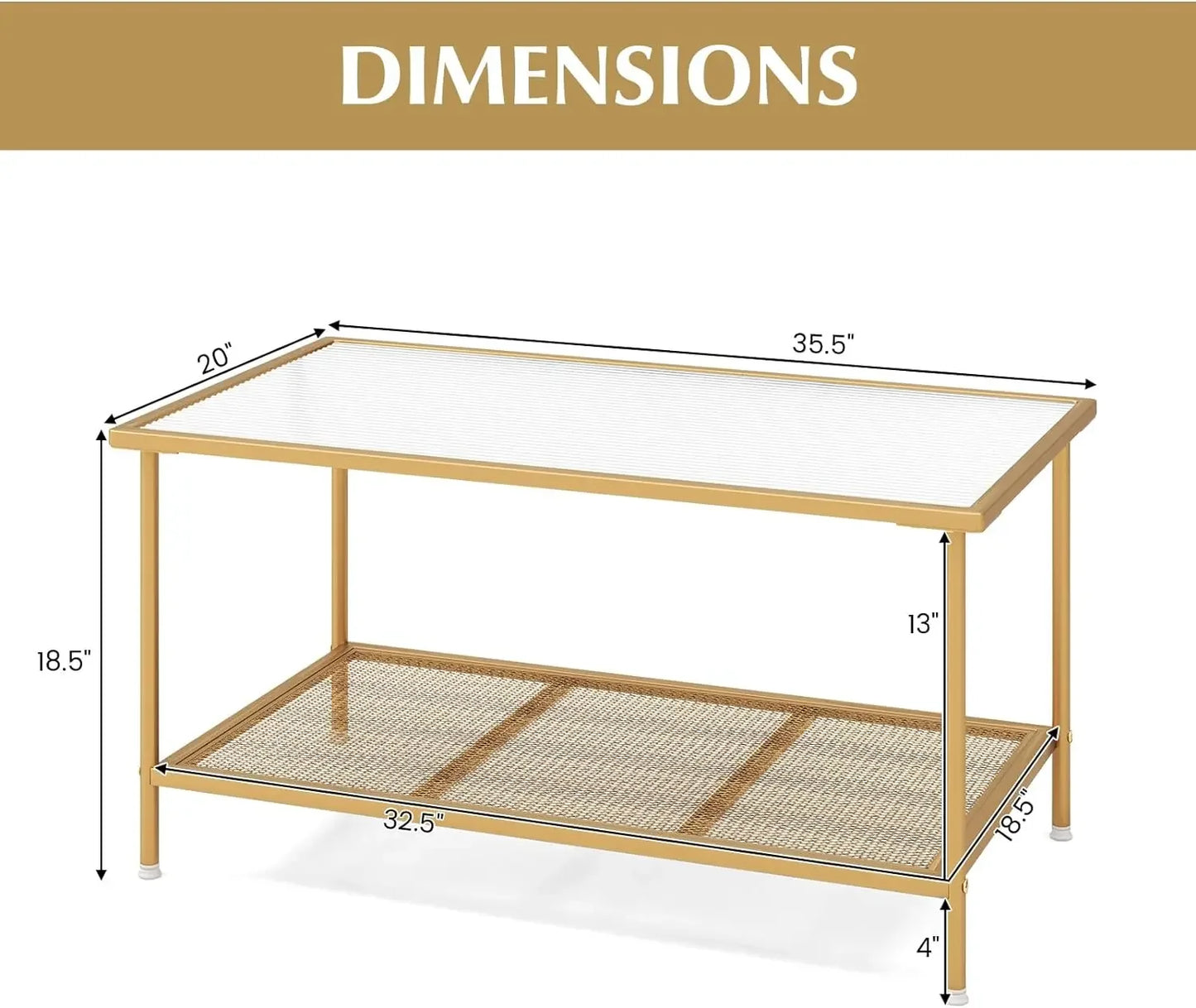 Glass Coffee Table, 2-Tier Rectangular Tempered Glass Center Table w/Metal Mesh Storage Shelf, Modern Accent Table