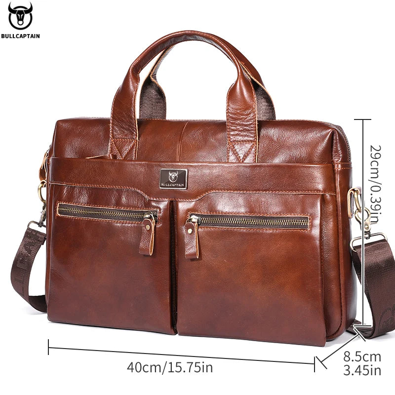 BULLCAPTAIN Men's Leather Briefcase Can Be Used For 15.5-Inch Notebook Large-Capacity Work Bags Business Shoulder Messenger Bag