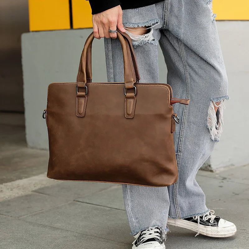 Luxury Soft Leather Men Briefcase For Men Business Laptop Bag Retro Male Hand Tote Bag Casual Shoulder Messenger bag