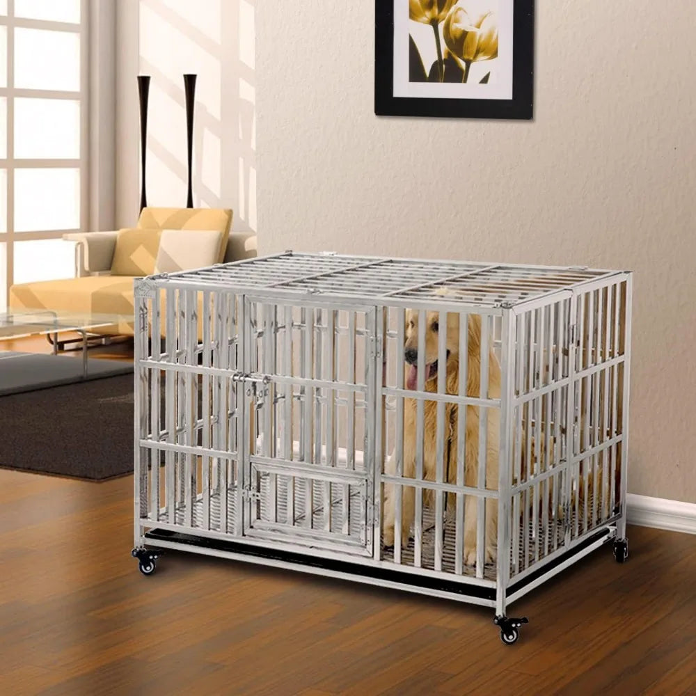 48" Stackable Heavy Duty Dog Crate Pet Stainless Steel Kennel Cage for Large Dogs with Tray in-Door Foldable