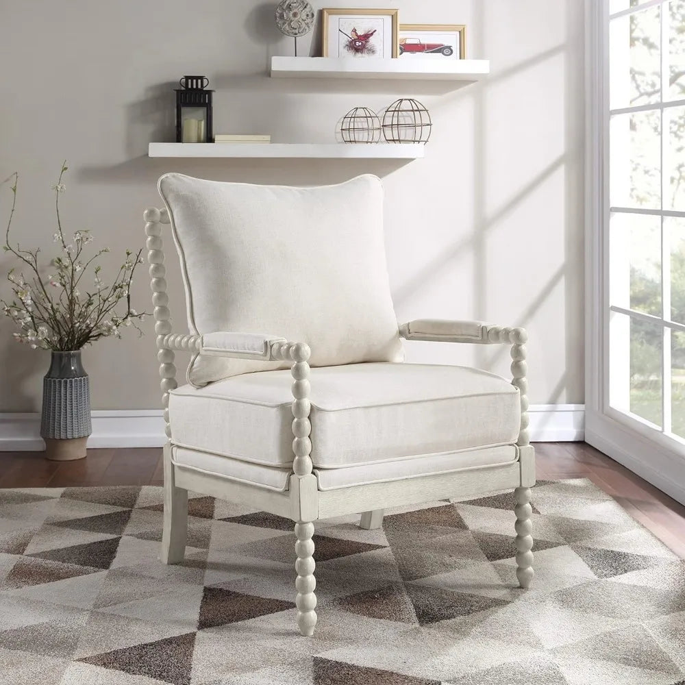 OSP Home Furnishings Kaylee Spindle Accent Chair with Antique Wood Frame, 26.5” W x 32.25” D x 37” H, White Linen Fabric