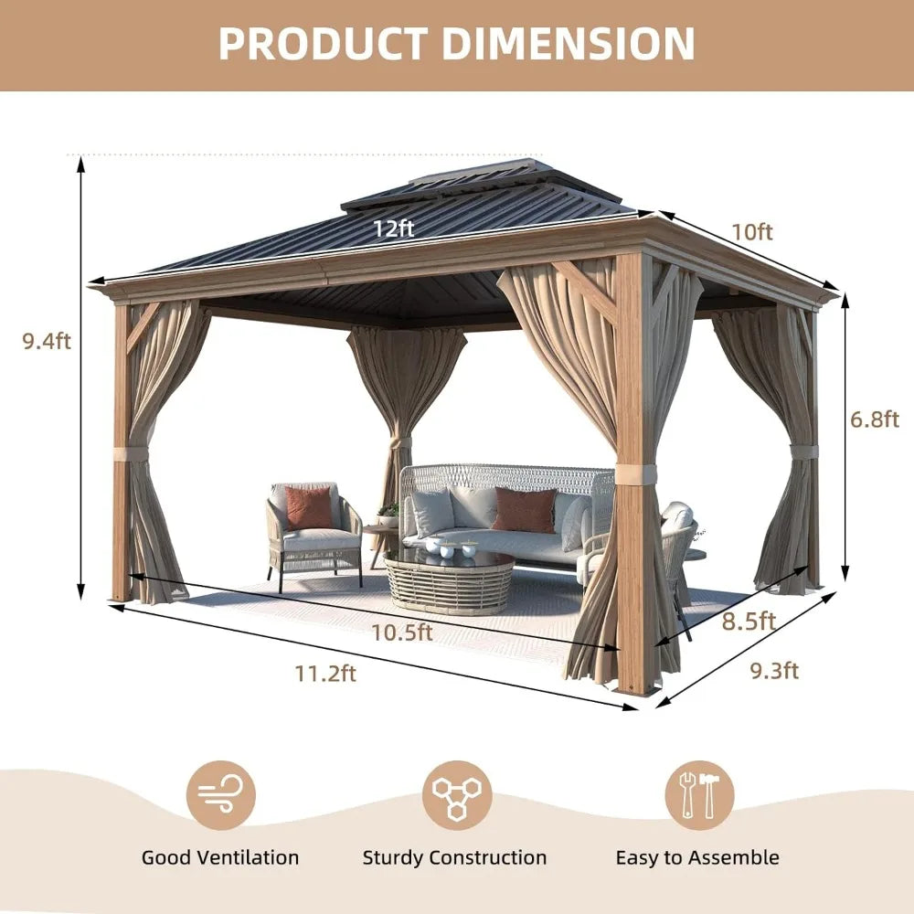 Outdoors Tents, 10x12 Hardtop Gazebo, Wooden Finish Coated Aluminum Frame Gazebo for Patios, Gardens Lawns Outdoors Gardens Tent