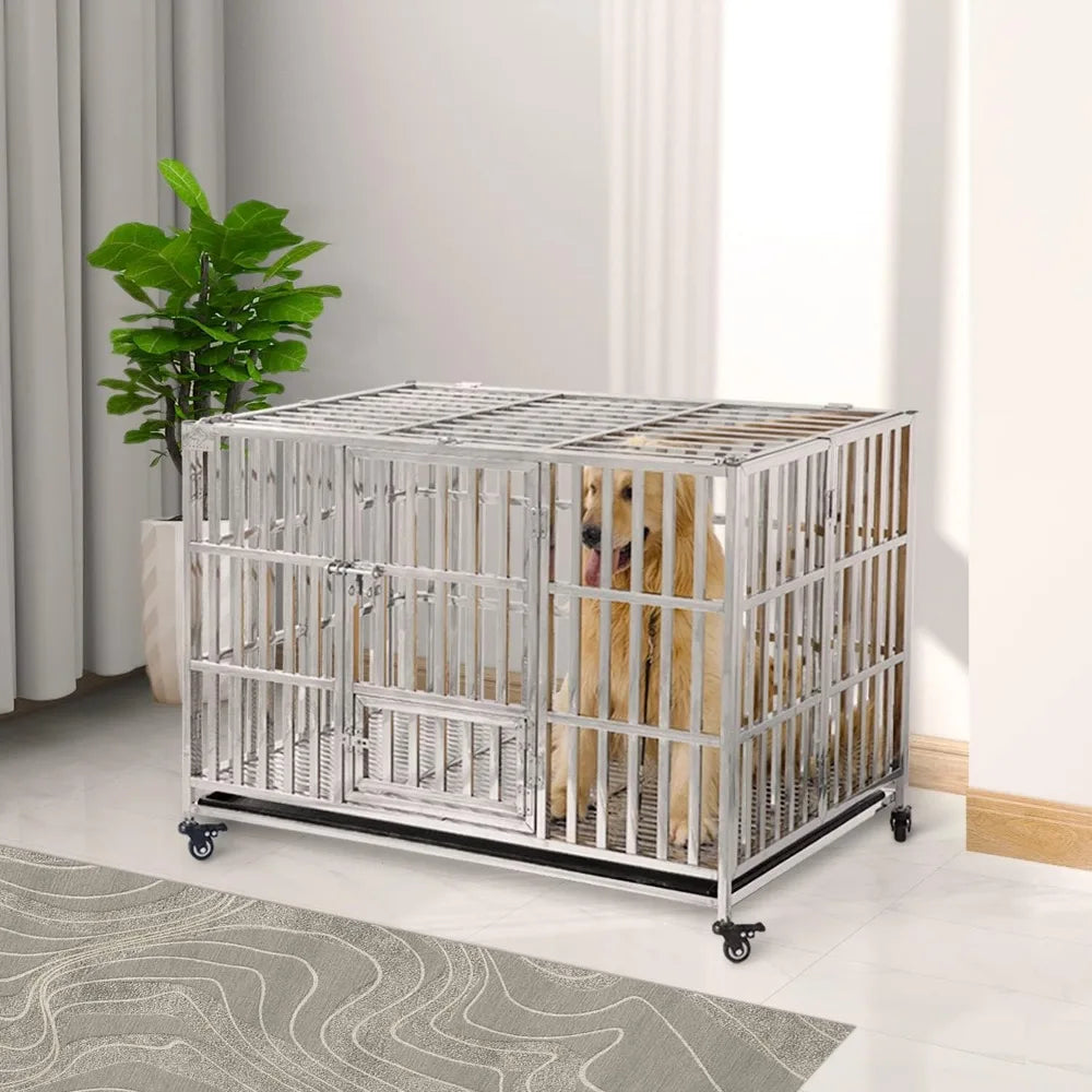 48" Stackable Heavy Duty Dog Crate Pet Stainless Steel Kennel Cage for Large Dogs with Tray in-Door Foldable