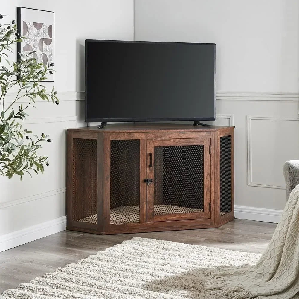 Medium To Large Dog Corner Kennel, Indoor Beautiful Puppy Kennel TV Station, Side Table and Bedside Table, Walnut Wood