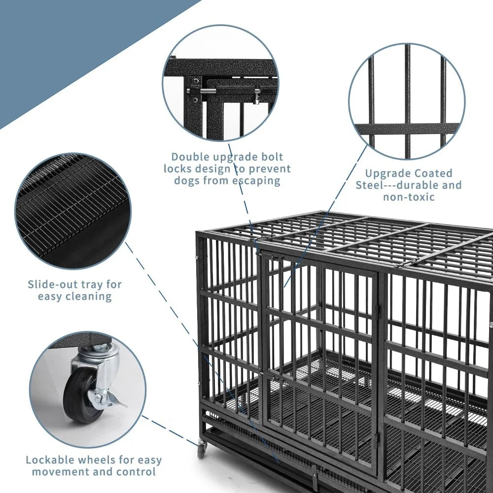 48 inch Heavy Duty Indestructible Dog Crate Steel Escape Proof, Indoor Double Door , Kennel with Wheels, Extra Large XL XXL