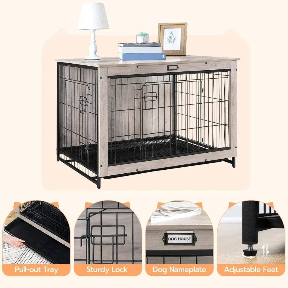 Dog Box, Indoor Large Kennel, 38.6 "with Pull-out Tray, Two Door Modern Side Table for Medium/large/small Dogs, Gray