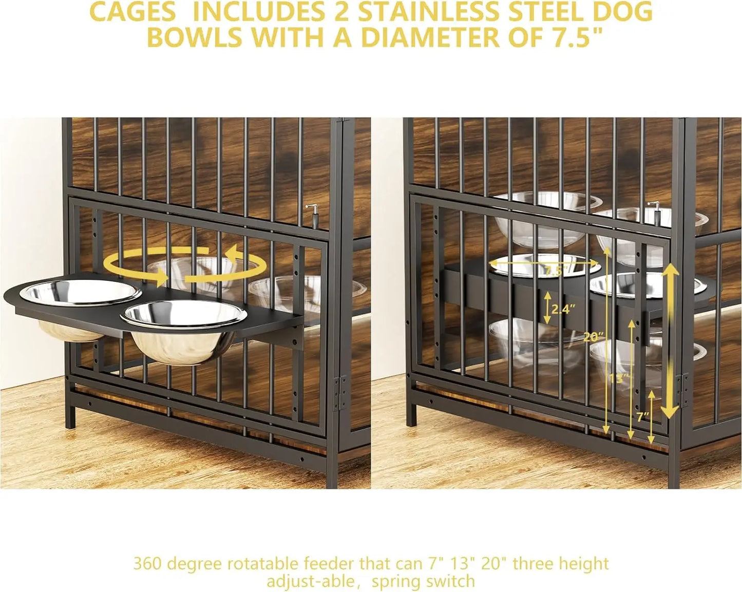 48 Inch Furniture Style Large Dog Crate with Two 360° & Adjustable Stainless Steel Bowls, End Table Dog House,Large Dog Kennels