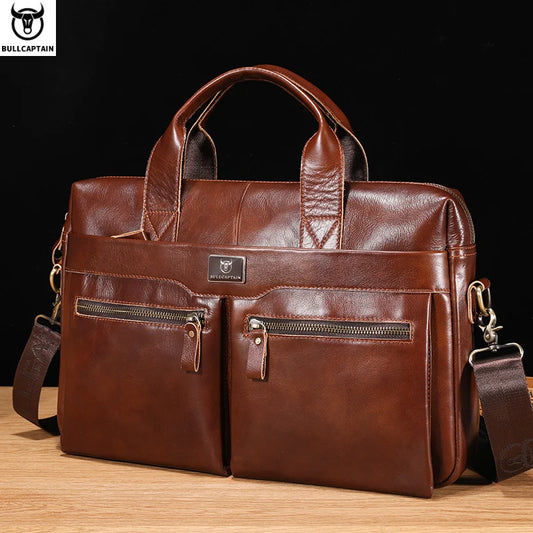 BULLCAPTAIN Men's Leather Briefcase Can Be Used For 15.5-Inch Notebook Large-Capacity Work Bags Business Shoulder Messenger Bag