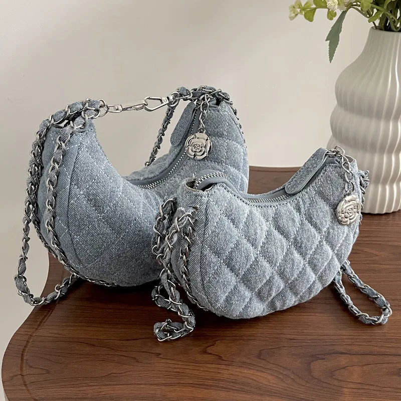 Fashion Denim Women Handbags Chains Lingge Crossbody Bags for Women Half Moon Canvas Shoulder Bag Ladies Purses Tote Clutch Chic