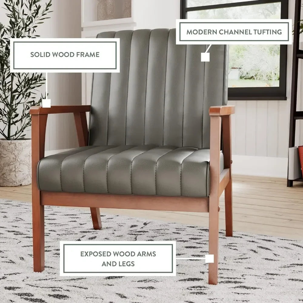 Carlton Exposed Wooden Arm Accent Chair for Living Room-Real Wood-Modern Channeled Tufting, Gray