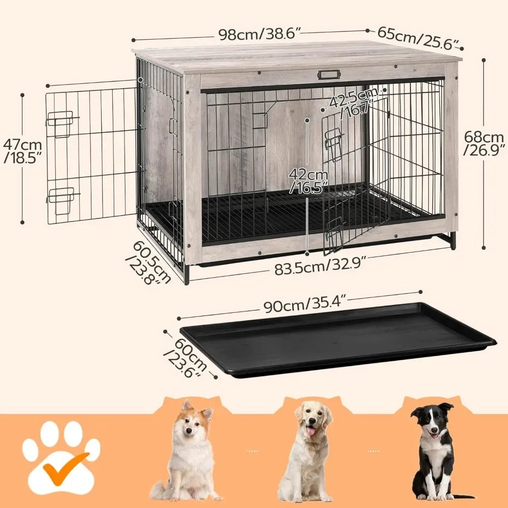 Dog Box, Indoor Large Kennel, 38.6 "with Pull-out Tray, Two Door Modern Side Table for Medium/large/small Dogs, Gray