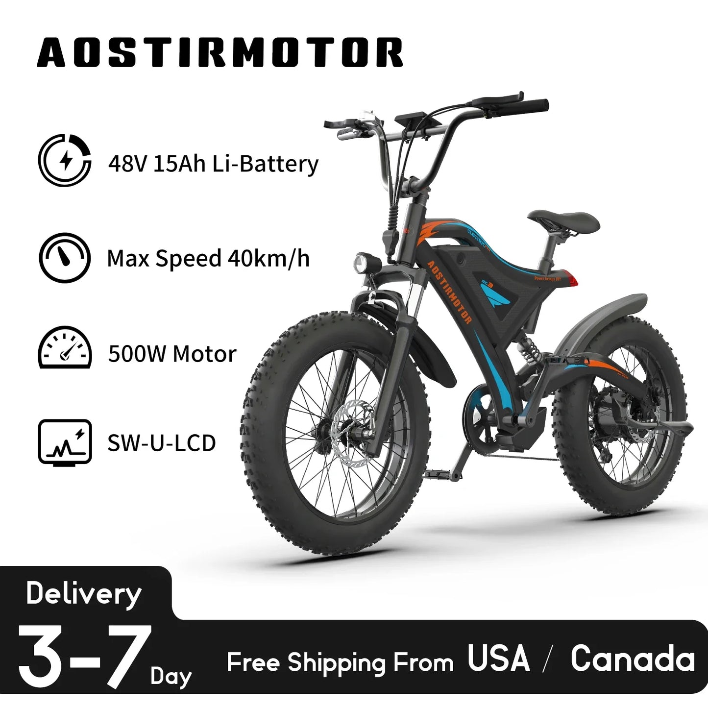 AOSTIRMOTOR NEW S18-MINI Ebike 500W Motor 48V 15Ah Electric Mountain Bike 20Inch 4.0 Fat Tire Bicycle Beach Cycling