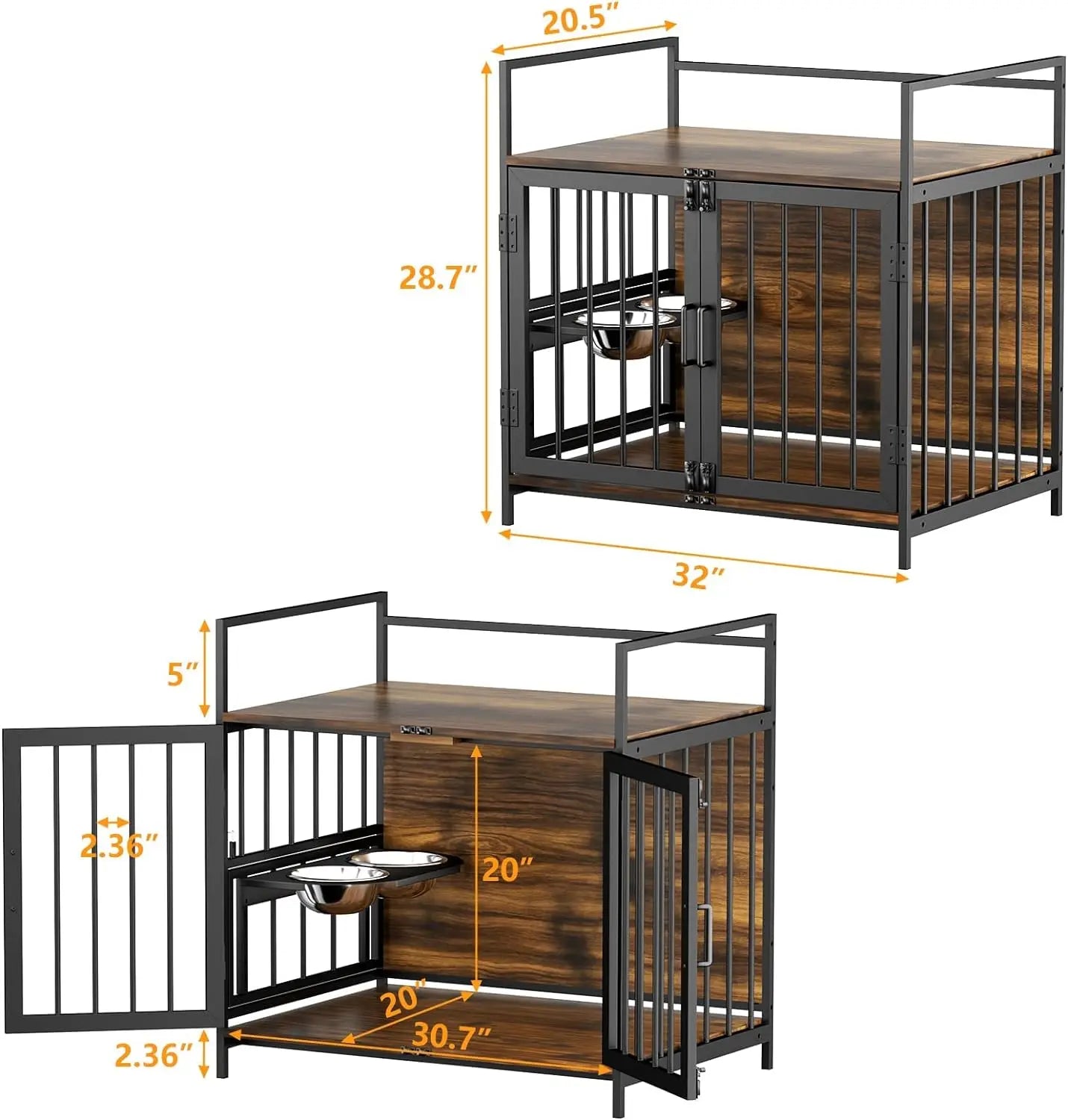 48 Inch Furniture Style Large Dog Crate with Two 360° & Adjustable Stainless Steel Bowls, End Table Dog House,Large Dog Kennels