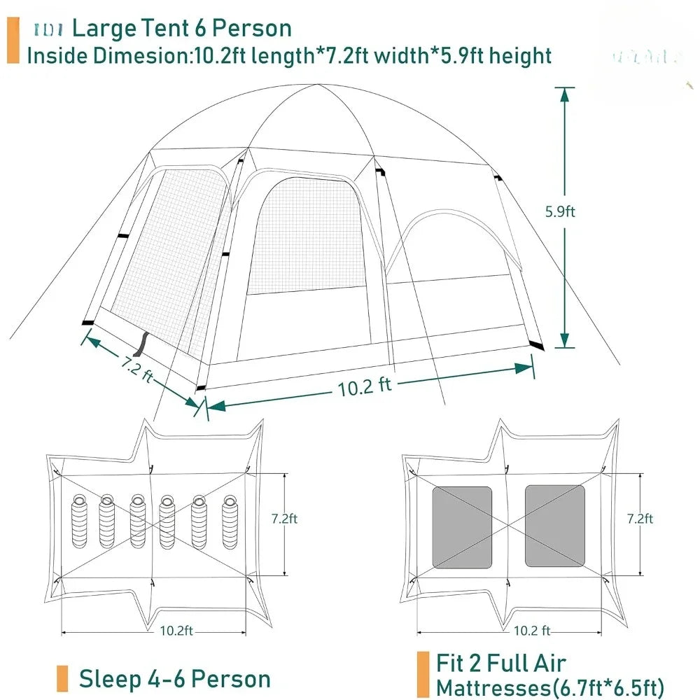 Large Tent 6 Person,Family Cabin Tents,Straight Wall,3 Doors and 3 Windows with Mesh,Waterproof,Big Tent for Outdoor Tents