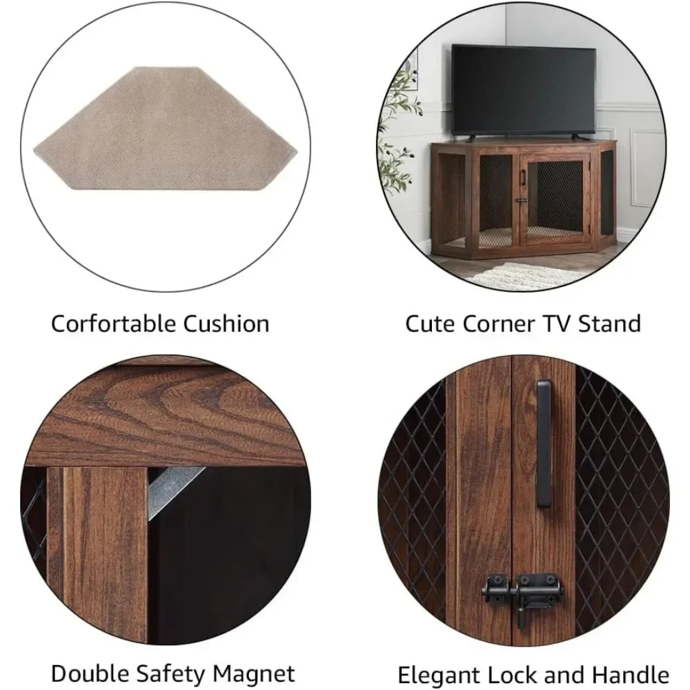 Medium To Large Dog Corner Kennel, Indoor Beautiful Puppy Kennel TV Station, Side Table and Bedside Table, Walnut Wood