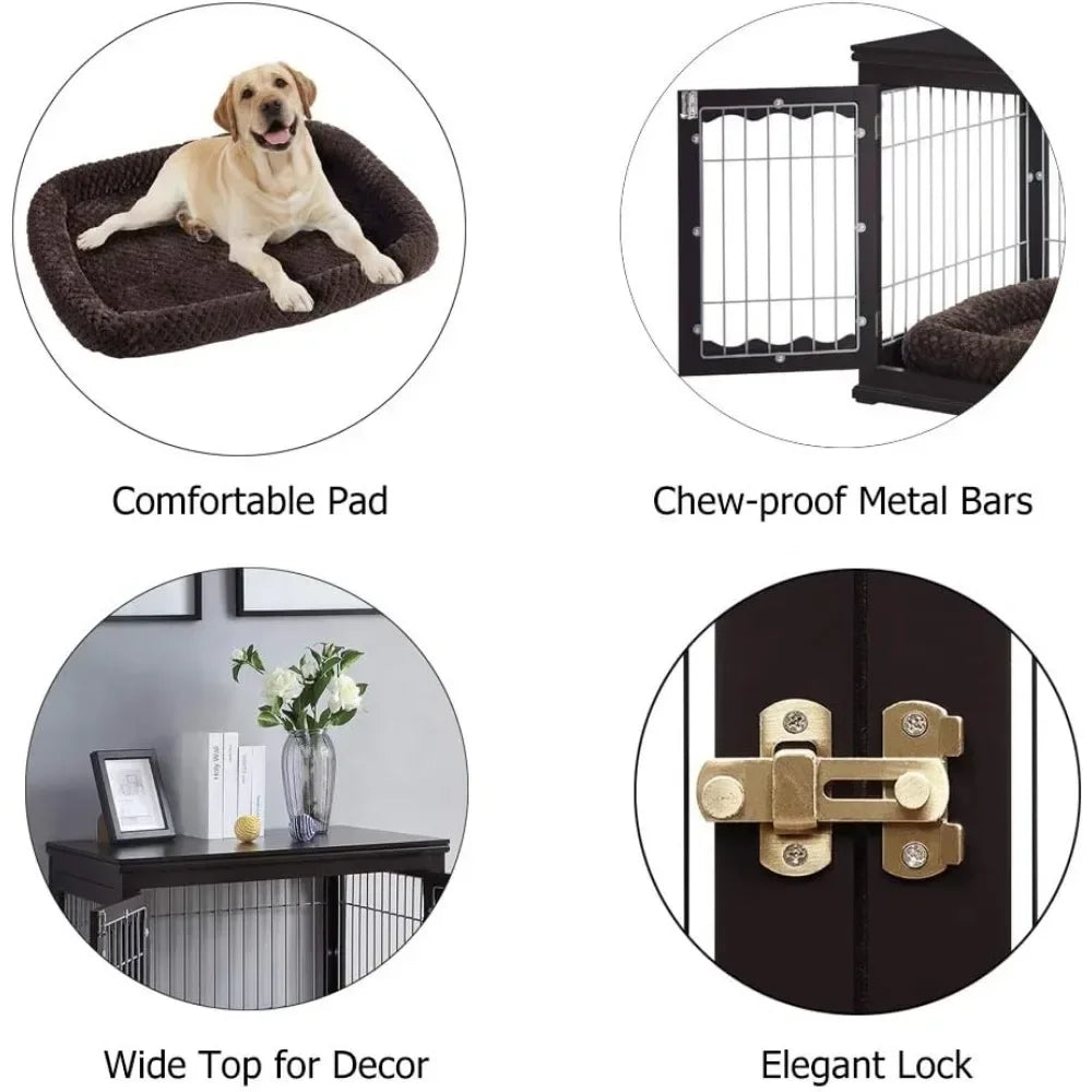 Large Dog Cage, Beautiful Indoor Kennel, Modern Decorative Pet House Dog Cage, Side Table and Bedside Table, Espresso