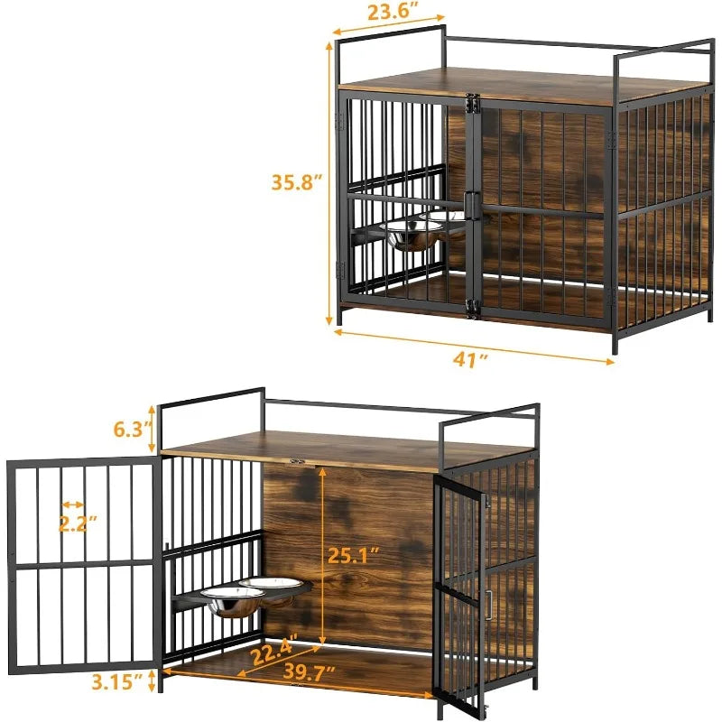 ROOMTEC Dog Crate Furniture-Style Cages for Small Dogs Indoor Heavy Duty Super Sturdy Dog Kennels with 2 Stainless Steel Bowls