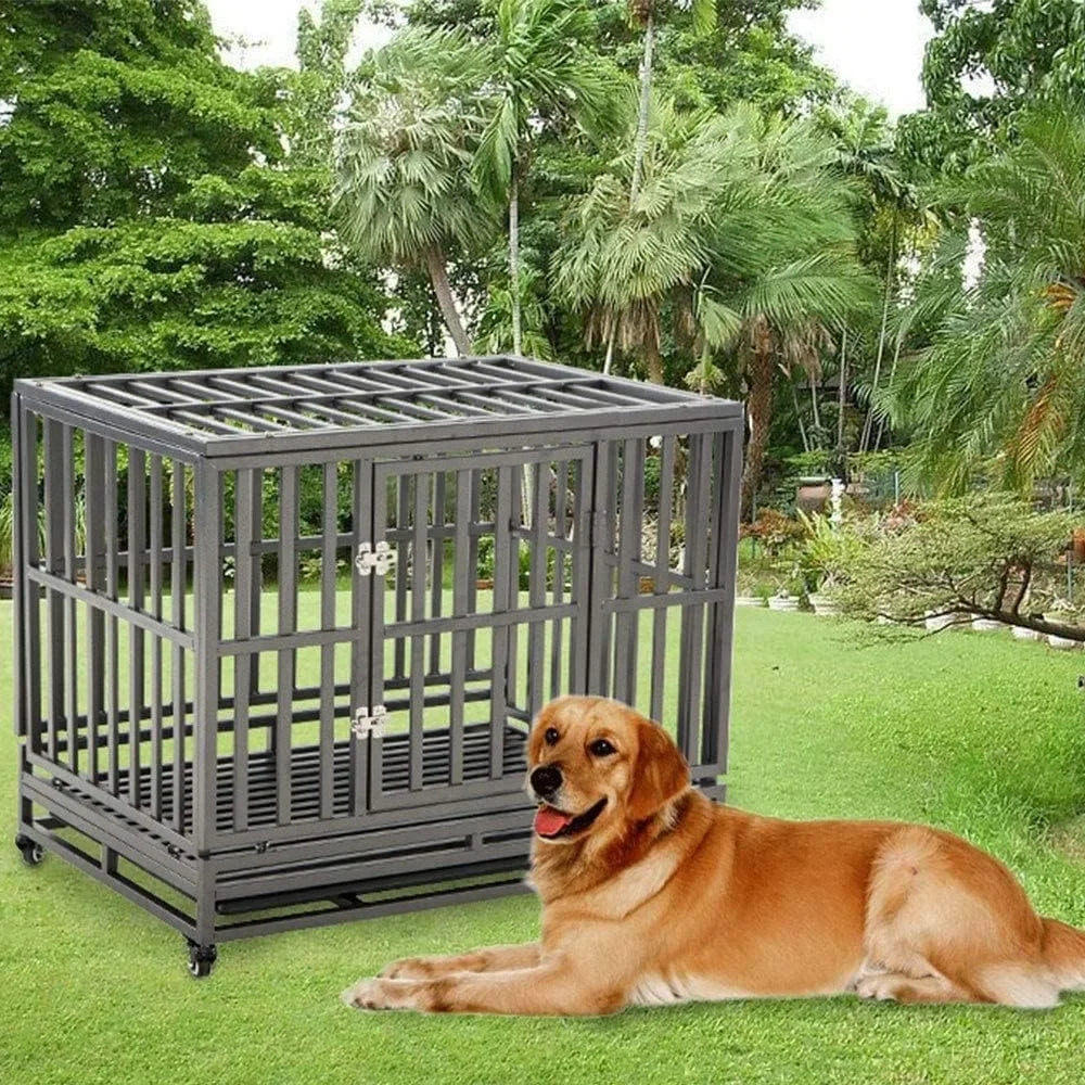 38 Inch Heavy Dog Cage Large Metal Dog Kennel and Flat Noodles, Easy To Assemble Four Wheel Pet Game Fence, Black