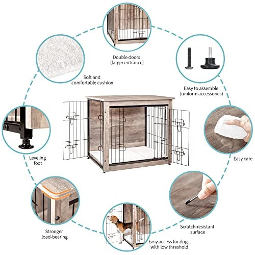 Dog Crate Furniture with Cushion, Wooden Dog Crate with Double Doors, Dog Furniture, Dog Kennel Indoor for Small/Medium/Large Do