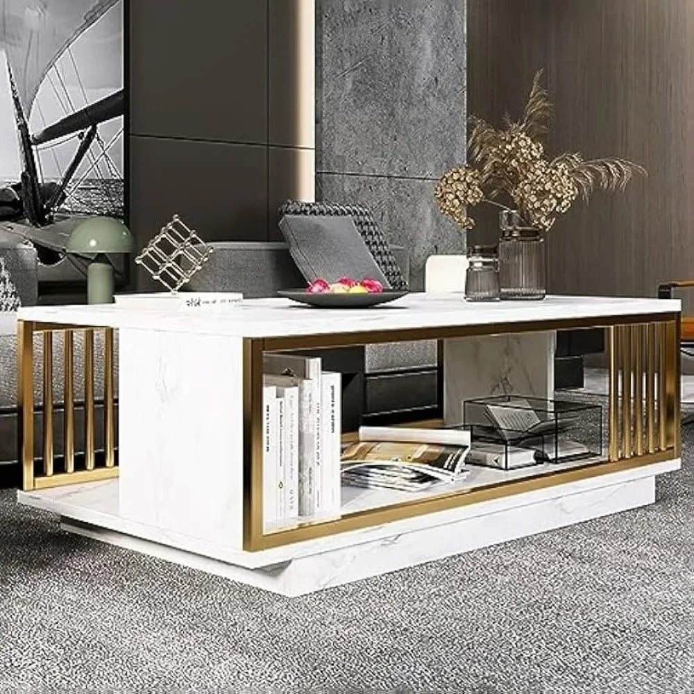 2 Tier Faux Marble Coffee Table, Modern White Coffee Table Living Room Table with Open Storage Rectangular Cocktail Table