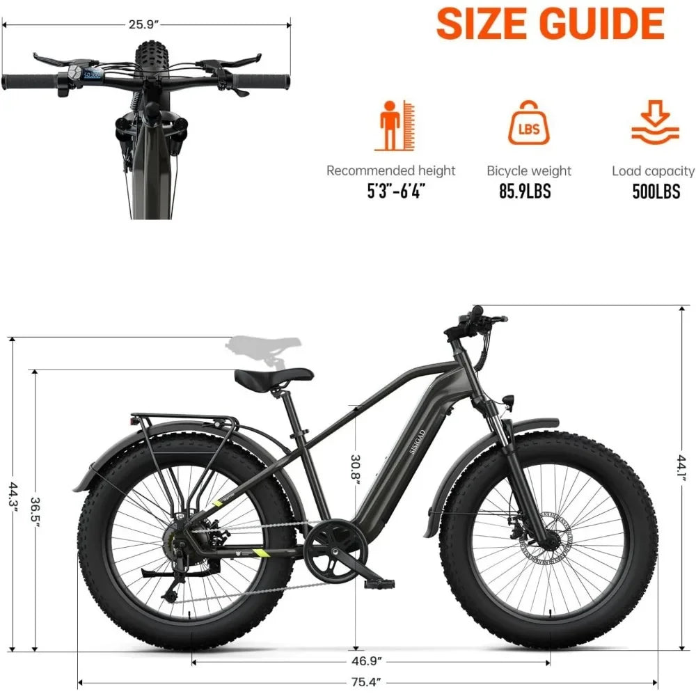 Fat Tire Electric Bike, 26 Inch All-Terrain, Peak 1400W Motor, 50 Mile Range & 32MPH Top Speed, 48V 15Ah Battery