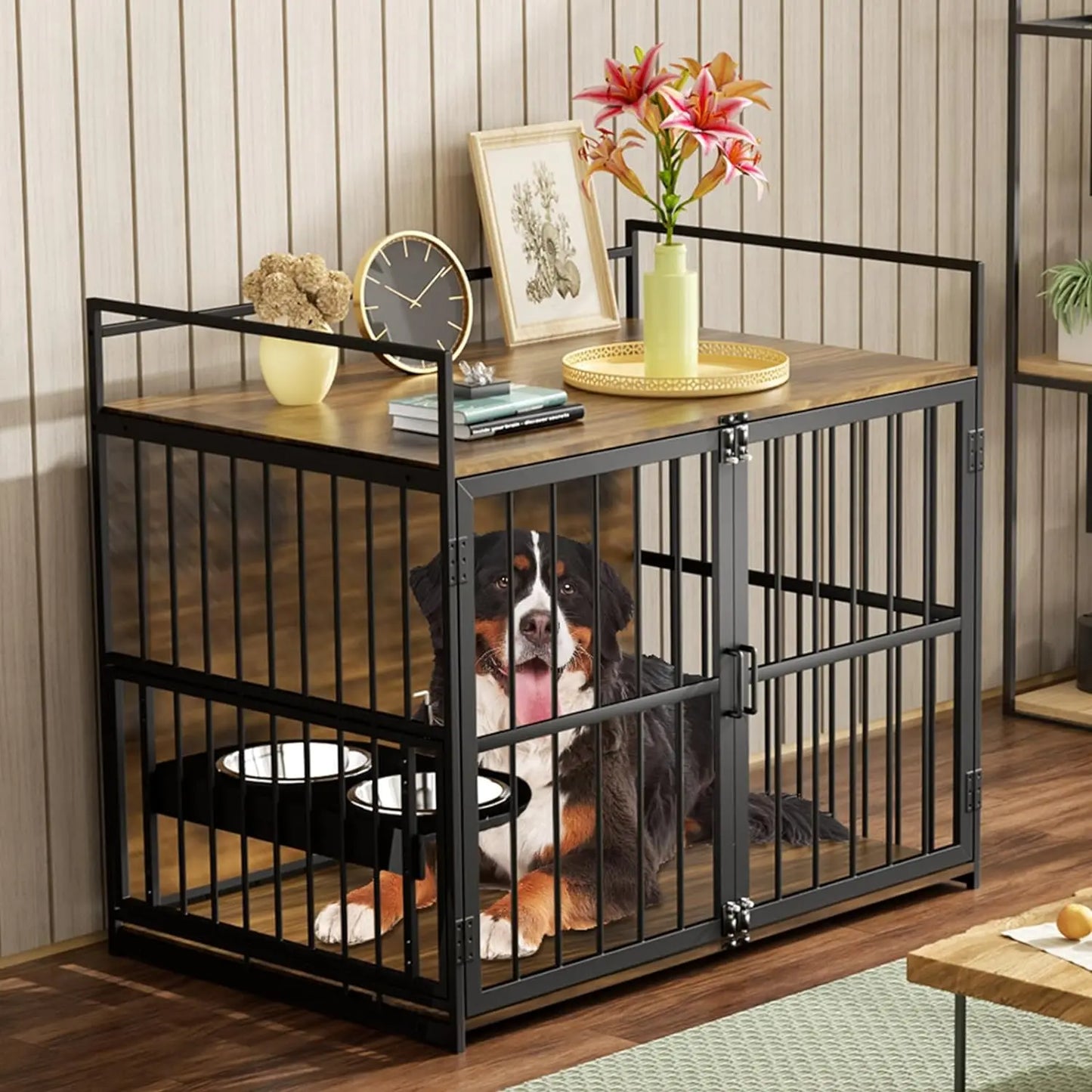 48 Inch Furniture Style Large Dog Crate with Two 360° & Adjustable Stainless Steel Bowls, End Table Dog House,Large Dog Kennels