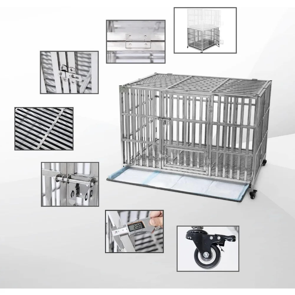 48" Stackable Heavy Duty Dog Crate Pet Stainless Steel Kennel Cage for Large Dogs with Tray in-Door Foldable