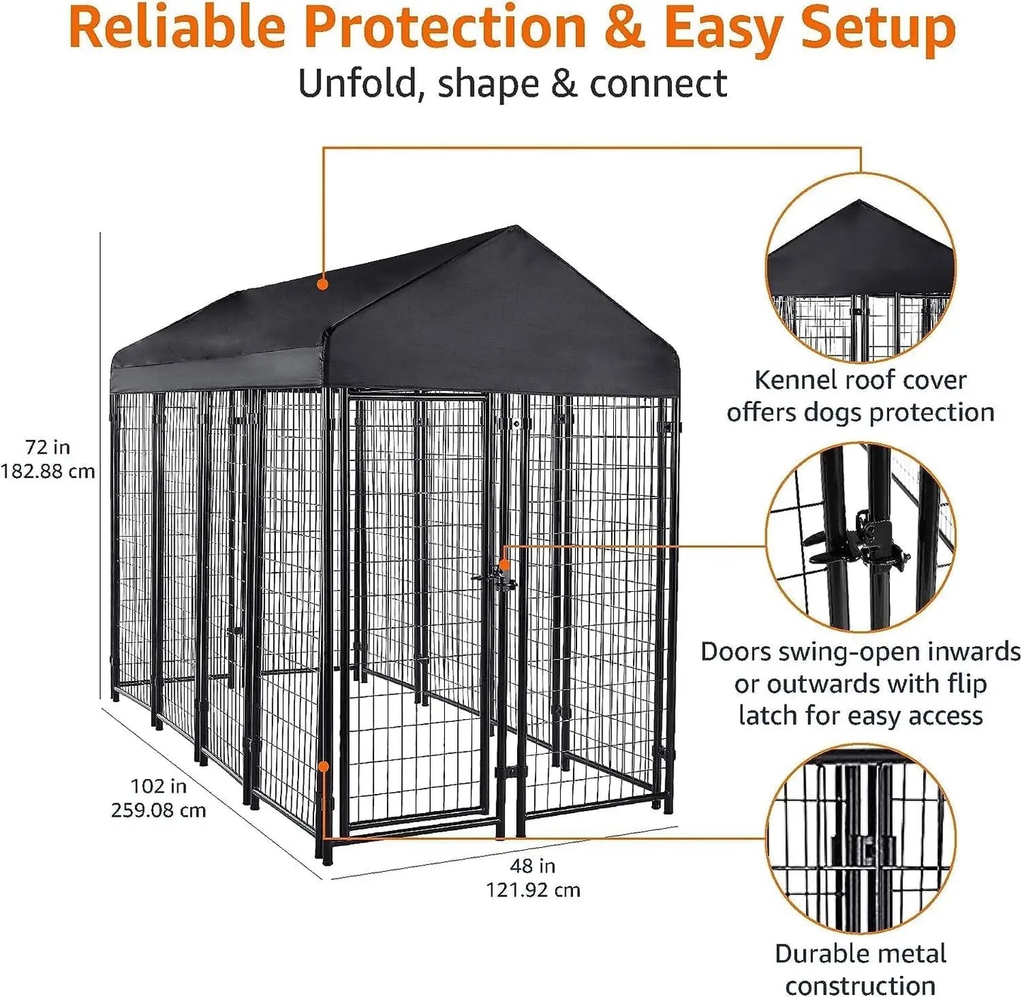 Welded Rectangular Outdoor Secure Wire Crate Kennel for Cat, Dog Large, Black, 102 x 48 x 72 Inches