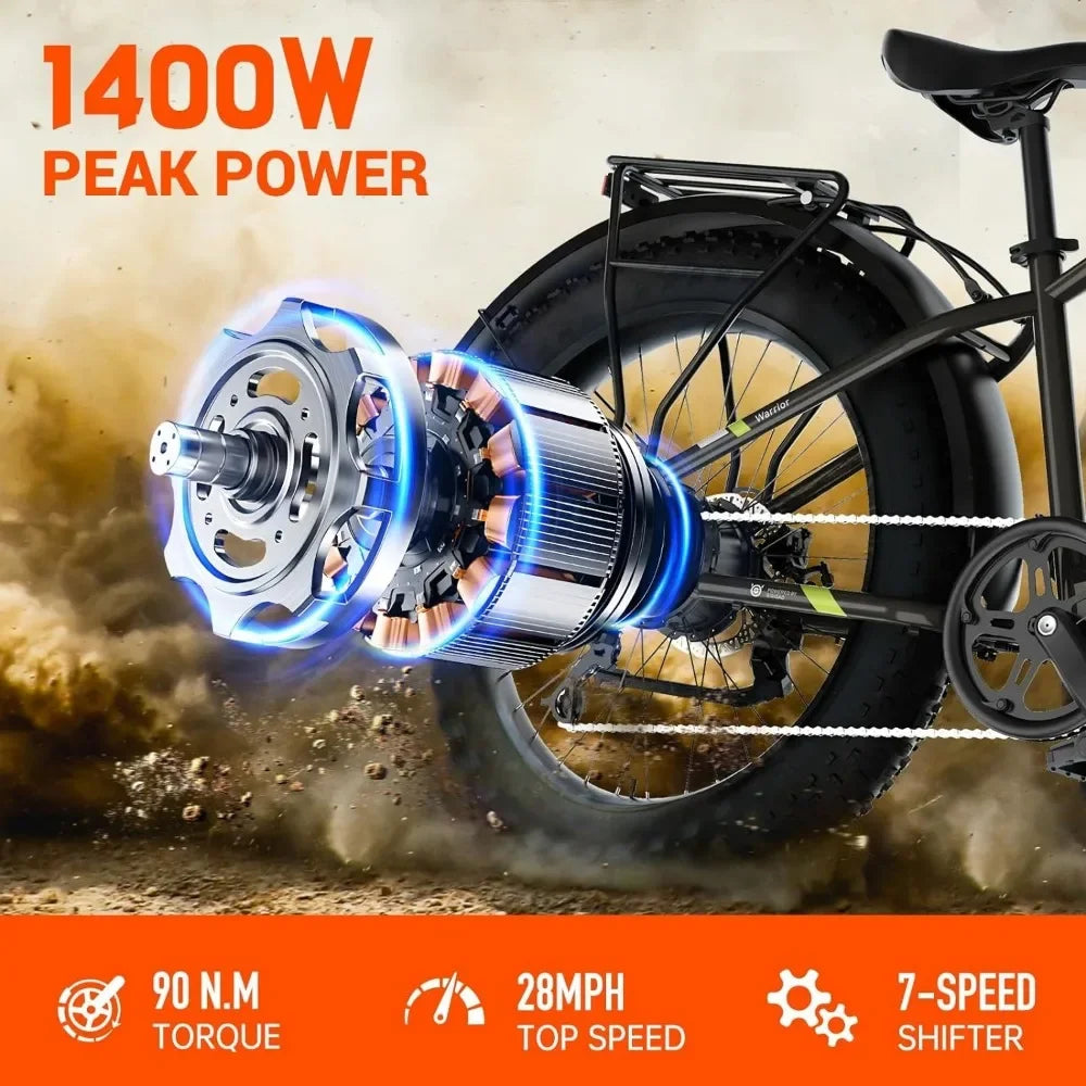 Fat Tire Electric Bike, 26 Inch All-Terrain, Peak 1400W Motor, 50 Mile Range & 32MPH Top Speed, 48V 15Ah Battery