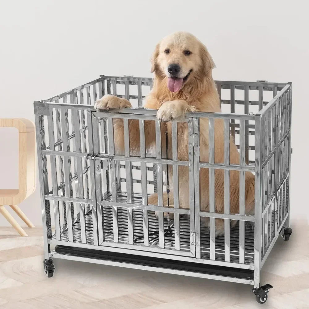 Stainless steel kennel cage, suitable for small dogs, with tray,indoor foldable and portable, suitable for outdoor animal travel