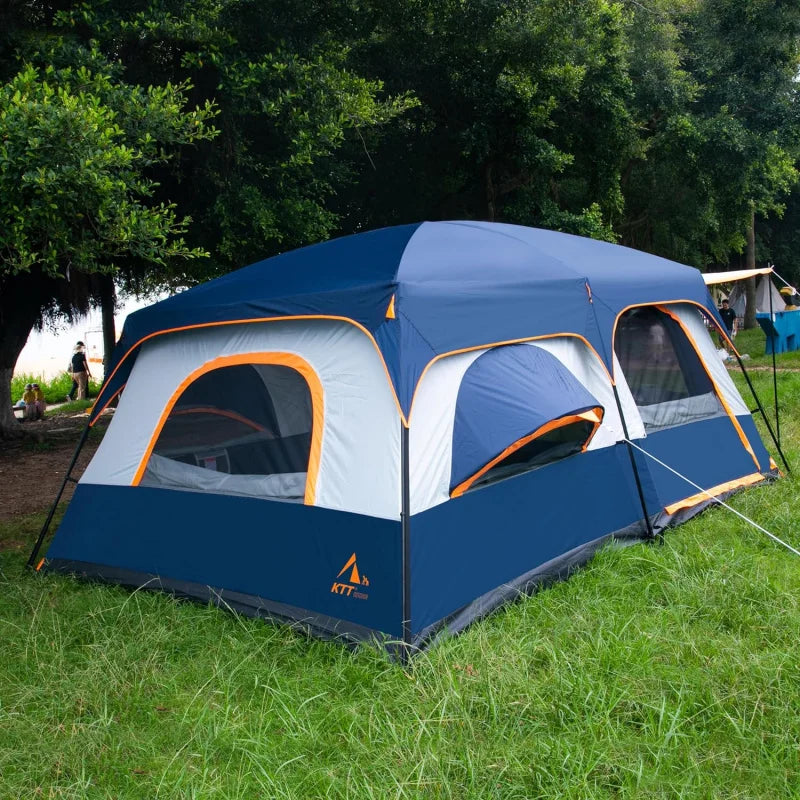 KTT Extra Large Tent 10-12 Person(A),Family Cabin Tents,2 Rooms,3 Doors and 3 Windows with Mesh,Straight Wall,Waterproof,Double