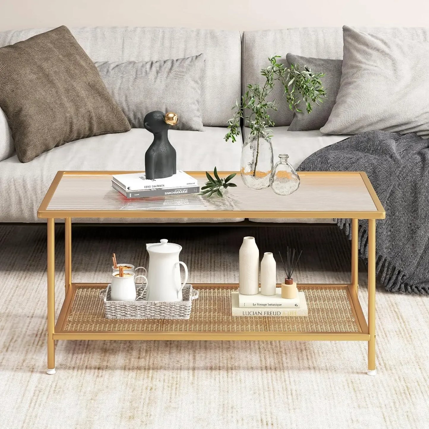 Glass Coffee Table, 2-Tier Rectangular Tempered Glass Center Table w/Metal Mesh Storage Shelf, Modern Accent Table