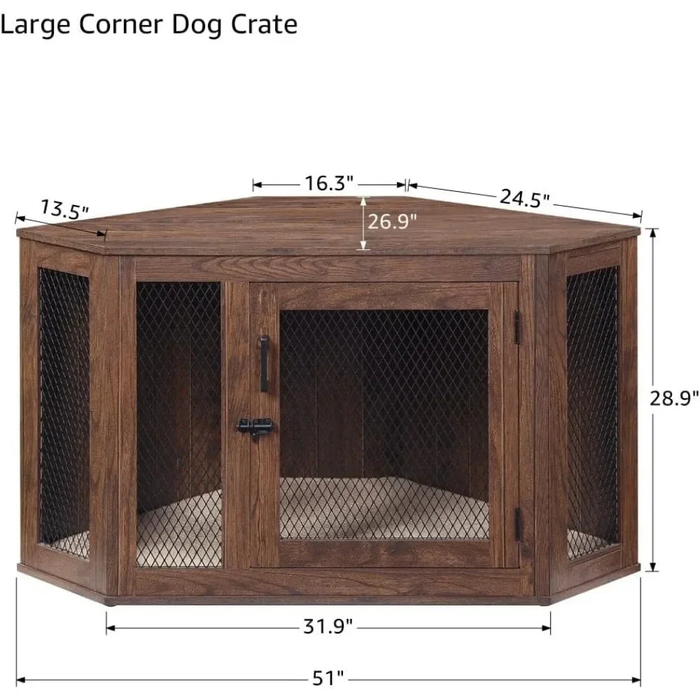 Medium To Large Dog Corner Kennel, Indoor Beautiful Puppy Kennel TV Station, Side Table and Bedside Table, Walnut Wood