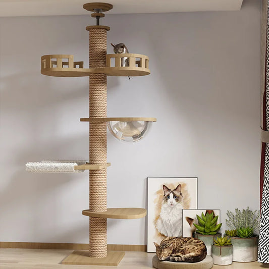 Adjustable Cat Tree House Cat Tower Floor to Ceiling Cats Multi-Level Condo With Scratching Post Hammock Pet Cat Activity Center