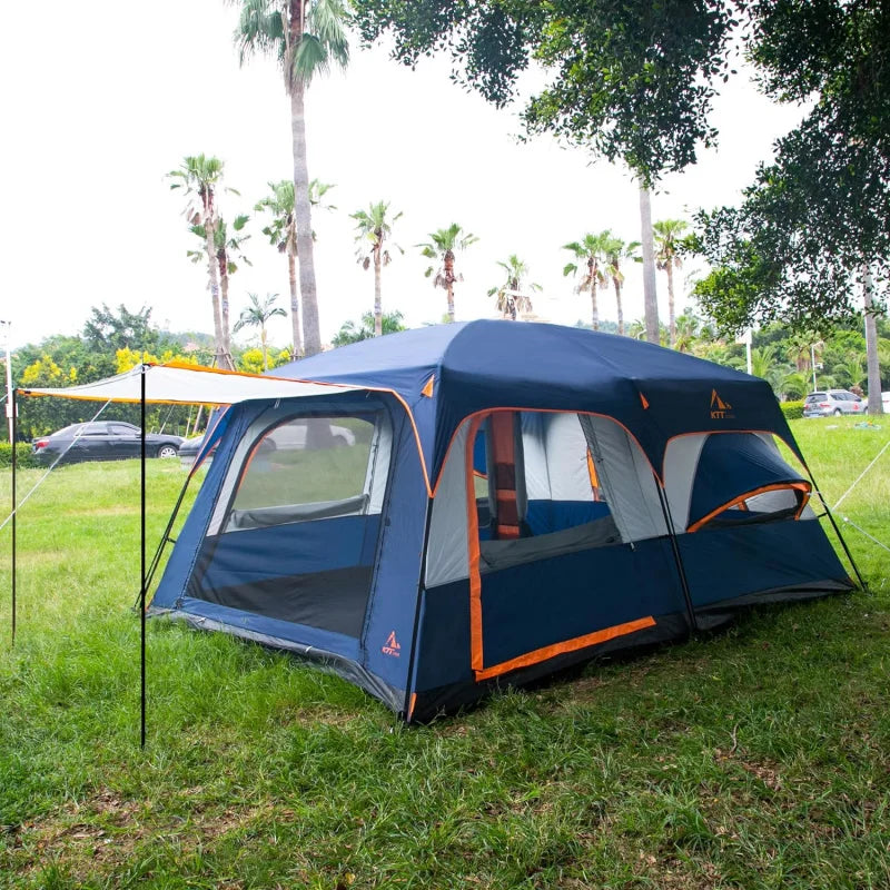 KTT Extra Large Tent 10-12 Person(A),Family Cabin Tents,2 Rooms,3 Doors and 3 Windows with Mesh,Straight Wall,Waterproof,Double