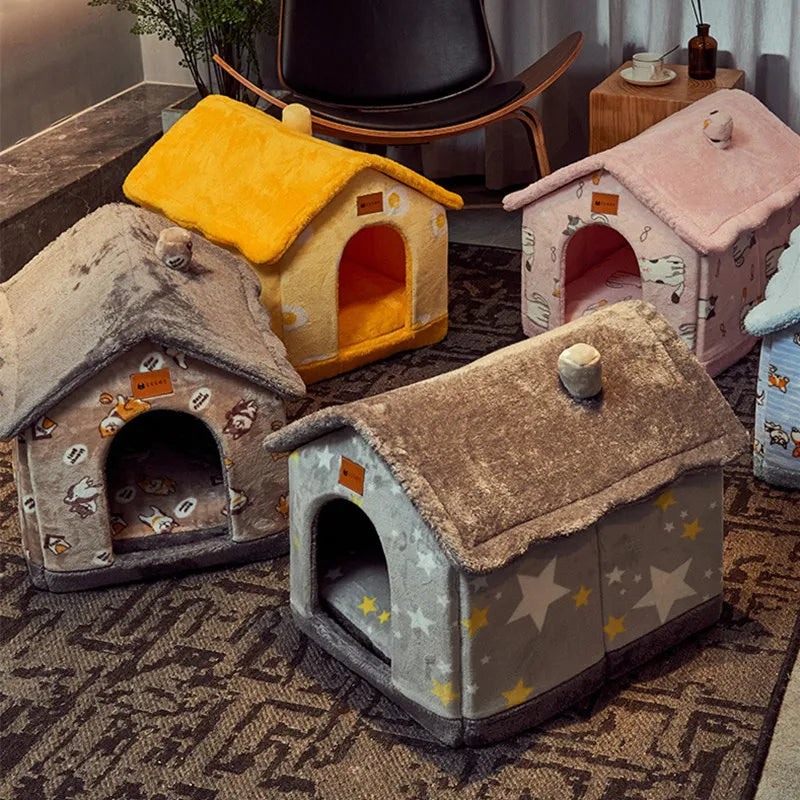 Foldable Dog Bed House for Dogs Cat Bed Winter Warm Villa Sleep Kennel Removable Nest Warm Enclosed Cave Sofa Pet Dog Supplies