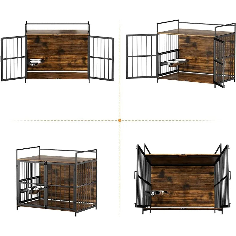 ROOMTEC Dog Crate Furniture-Style Cages for Small Dogs Indoor Heavy Duty Super Sturdy Dog Kennels with 2 Stainless Steel Bowls