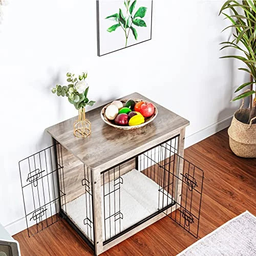 Dog Crate Furniture with Cushion, Wooden Dog Crate with Double Doors, Dog Furniture, Dog Kennel Indoor for Small/Medium/Large Do