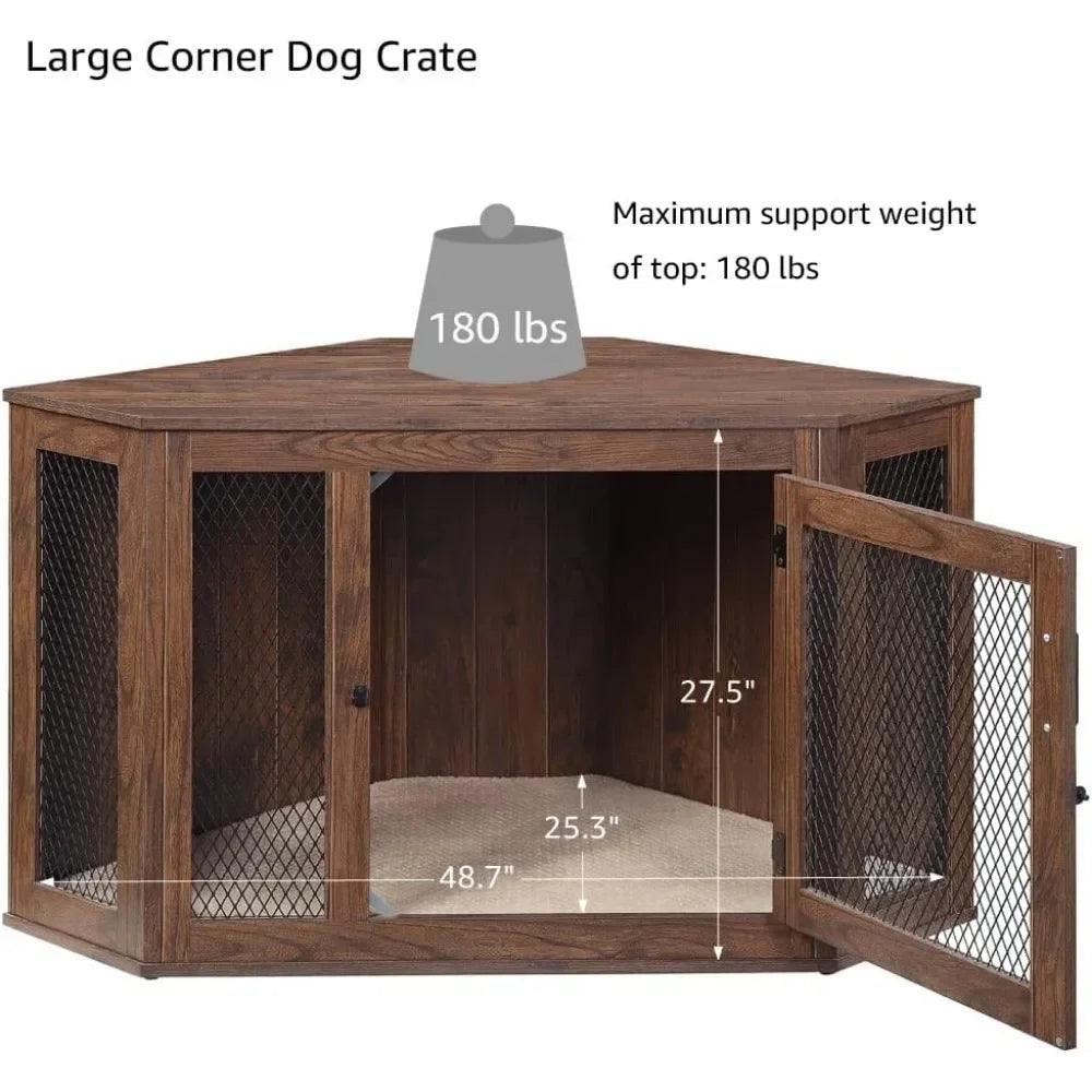 Medium To Large Dog Corner Kennel, Indoor Beautiful Puppy Kennel TV Station, Side Table and Bedside Table, Walnut Wood