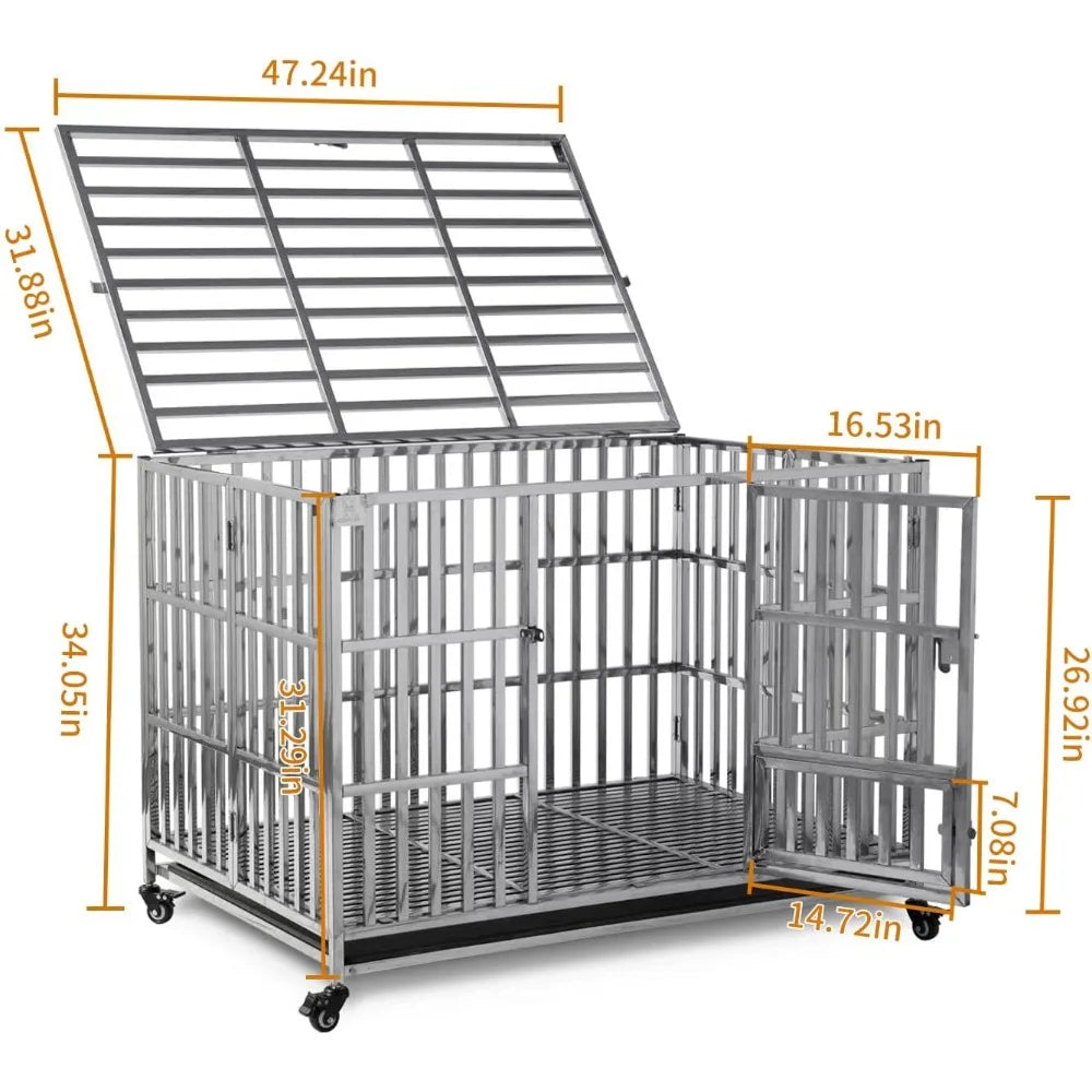 48" Stackable Heavy Duty Dog Crate Pet Stainless Steel Kennel Cage for Large Dogs with Tray in-Door Foldable