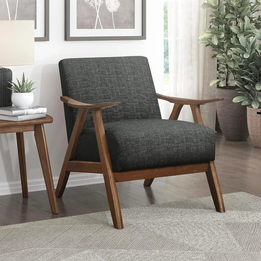 Accent chair in the living room, fabric upholstery, solid wood frame, vintage design, armrests